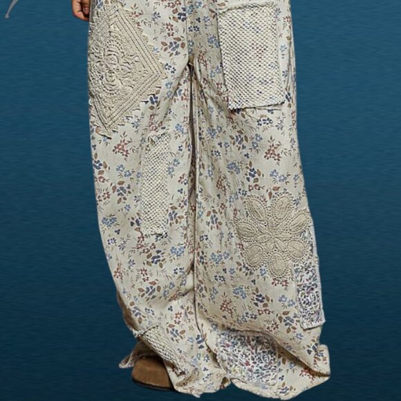 POL Floral Denim Boho Crochet Patchwork Flare Leg Suspenders Strap Jean Overalls - Picture 5 of 12